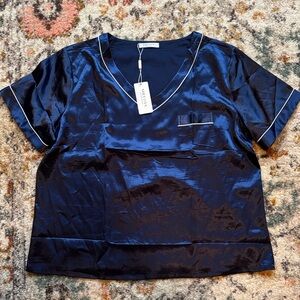 Shefoty Women's Navy Blue Satin Pajama Top
